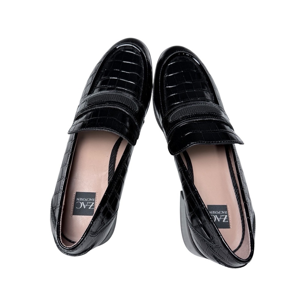 ZAC Zac Posen Loafers Women 8.5 Black Croc Embossed Leather Block Heel Penny